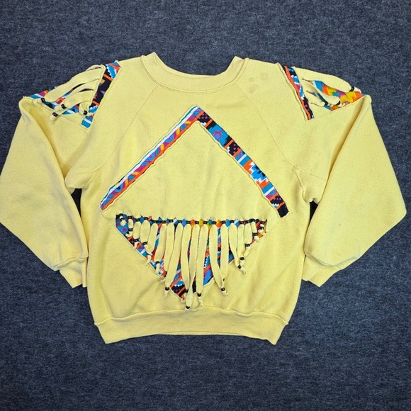 Discus Athletic Tops - Vtg Discus Athletic Southwest Aztec Fringe Sweatshirt Medium Yellow 90s USA Boho